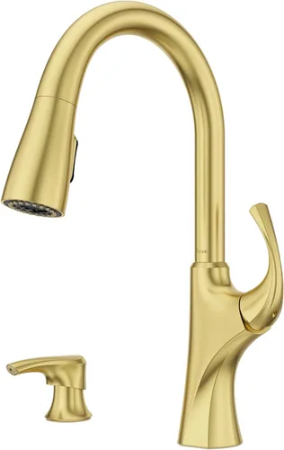 Miniatura 11 de Grifo de cocina Pfister Miri con rociador extraíble y dispensador de jabón, manija única, arco alto, acabado de acero inoxidable Spot Defense, Spot