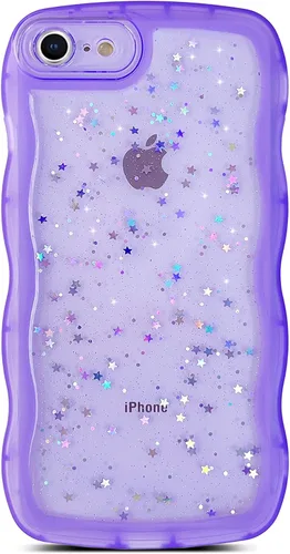 Miniatura 24 de Qokey Funda para iPhone 12 Pro Max de 6.7 pulgadas, diseño de onda rizada, borde transparente, brillante con purpurina, estrella brillante, bonita
