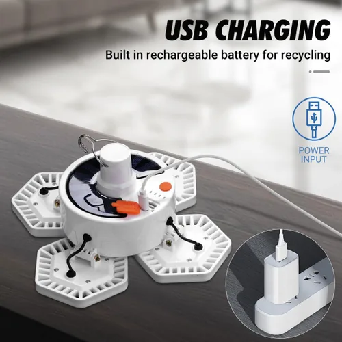 Miniatura 7 de Luz solar USB para campamento con control remoto, linterna plegable recargable, iluminación de 360°, impermeable, luces colgantes para tienda