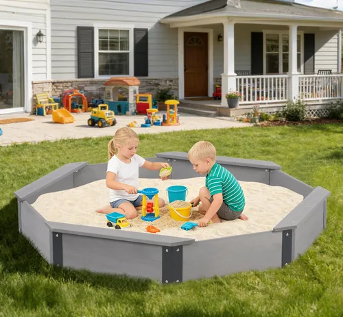 Miniatura 7 de Cajón de arena de 64"x56"x8.5" octogonal con cubierta para juegos al aire libre de niños, arenero grande de madera con 4 bancos, instalación rápida