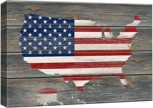 wall26 - Cuadro en lienzo para pared, bandera americana sobre mapa de Estados Unidos en panel de madera, ilustraciones culturales de arquitectura y