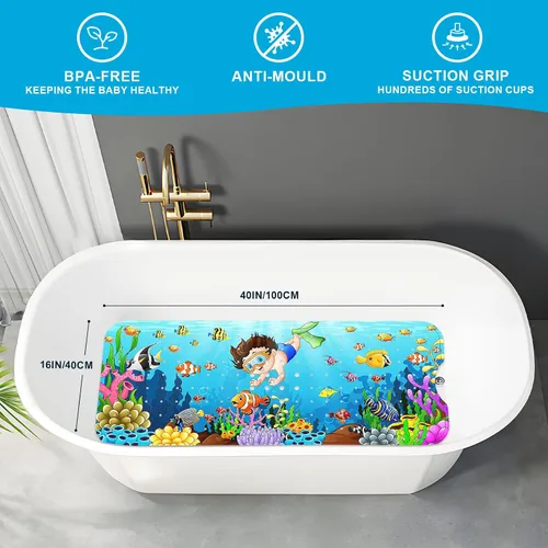 Miniatura 2 de XIYUNTE Tapete de baño para bebé, para niños, 40 x 16 pulgadas, extralargo, antideslizante, de caricaturas, para tina o ducha, con ventosas