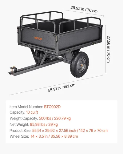 Miniatura 7 de VEVOR 10 pies cúbicos y 500 libras de remolque para ATV con función de descarga, remolque de utilidad para UTV de carga pesada, remolque de descarga
