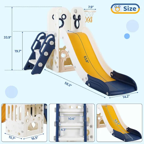 Miniatura 2 de Arlopu Juego de tobogán 6 en 1 para niños pequeños, tobogán resistente para niños con aro de baloncesto y telescopio, pasos antideslizantes, juego