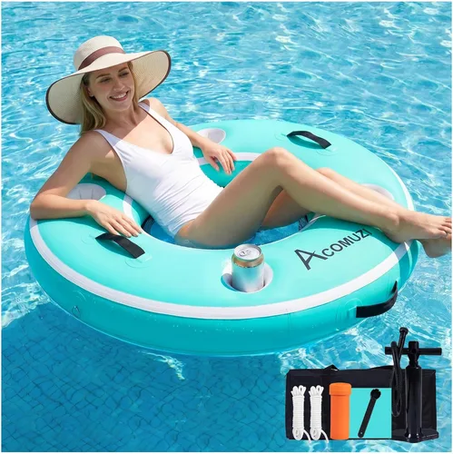 Miniatura 11 de Hamaca de agua inflable de 4/6/8/10/12 pies, flotador flotante redondo para adultos, balsa flotante de piscina resistente para océano y lago
