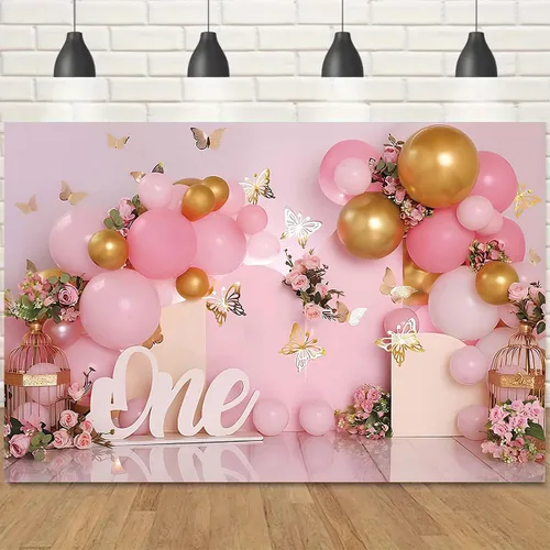 Miniatura 5 de Telón de fondo de 1er cumpleaños para niña, globos rosados, mariposa dorada, dulce para niños, decoración de fiesta de cumpleaños, fotografía