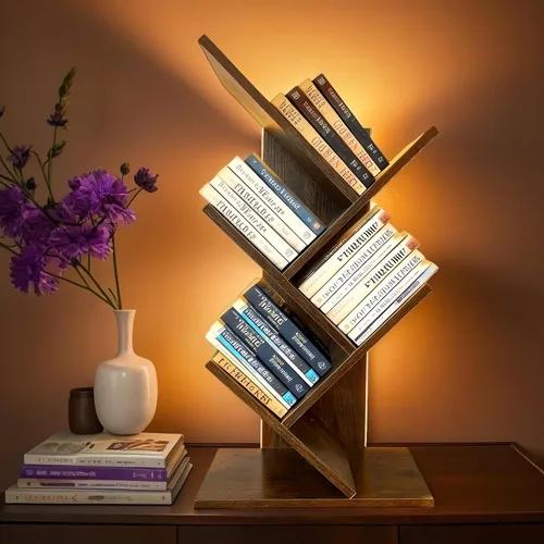 Miniatura 15 de Godferyxin Estantería de árbol, estantería pequeña de madera de 3 niveles y mini estantería para oficina, hogar o escuela, estante de escritorio