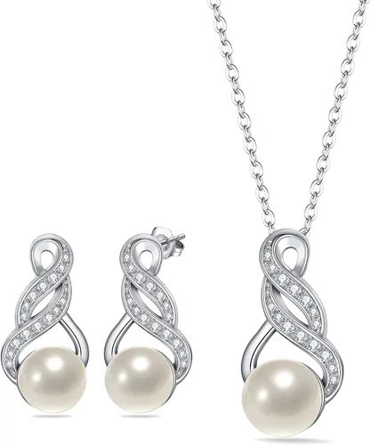 EleQueen 925 plata de ley CZ perlas cultivadas de agua dulce colgante nupcial collar pendientes conjuntos de joyería de boda, día de San ValentínDía