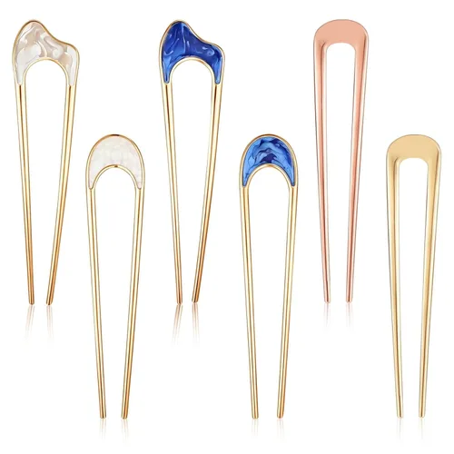 6 horquillas de pelo francesas en U para mujer, de metal para moño en forma de U, pasador de torsión francés dorado y azul grueso, fino, accesorios