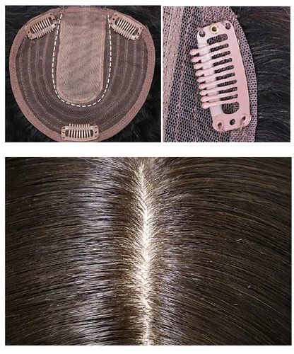 Miniatura 6 de Peluca de cabello humano rizado tipo tupé para mujer con flequillo lateral/flecos que añaden volumen al cabello, base de seda de 5 x 5 pulgadas