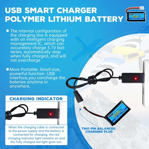 Miniatura 4 de 2 baterías Lipo de 3.7 V 450 mAh 30C con cable de carga USB, enchufe Molex compatible con la mayoría de drones RC, aviones de cuatro ejes y modelos