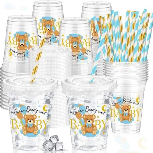 Miniatura 11 de FoldTier 50 piezas de tazas para noche de cine 12 oz Tazas de plástico desechables con pajitas y tapas, tazas transparentes para cine, tazas