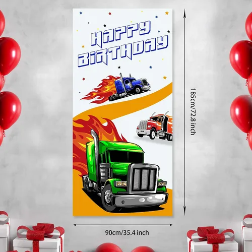 Miniatura 5 de Cartel de feliz cumpleaños de camiones resistentes, telón de fondo para cabina de fotos de camión grande, decoración de puerta delantera, decoración