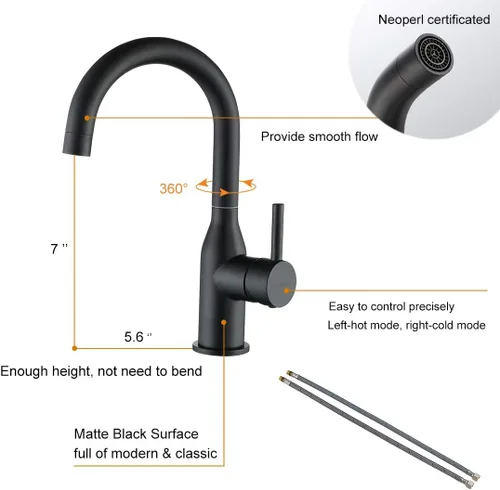 Miniatura 4 de WOWOW Grifo de baño negro - Mezclador de lavabo de arco alto para fregadero de barra de acero inoxidable con mangueras de suministro