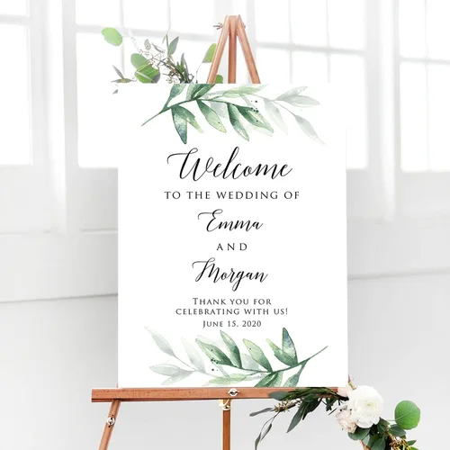 Miniatura 23 de Cartel de bienvenida de boda floral azul claro personalizado, cena de ensayo para parejas, ducha, aniversario, fiesta, póster de bienvenida, lienzo