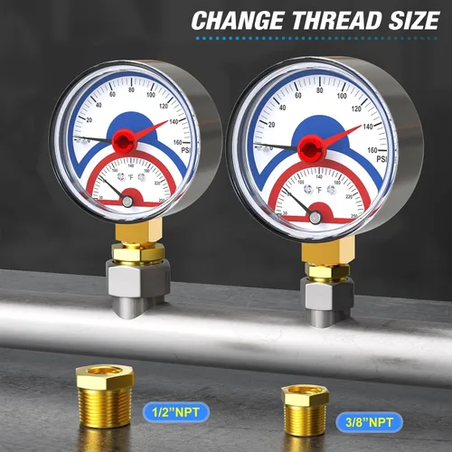 Miniatura 6 de MEANLIN MEASURE Medidor de presión térmico de 0-160 psi, esfera de cara NPT de 0-250 ℉ de 1/4 de pulgada, medidor de presión de temperatura