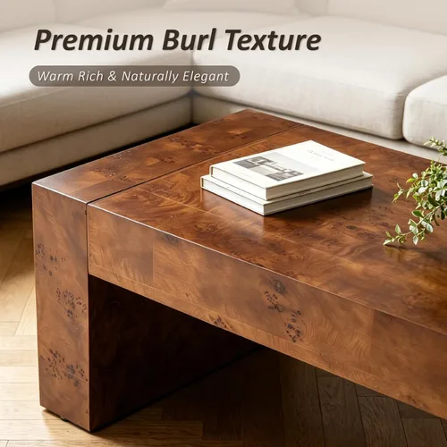 Miniatura 3 de COZAYH Modern Burl Finish Coffee Table, Wood Block Center Table with Thick Legs, Minimalist Rectangular Cocktail Table for Living Room, Dark Brown