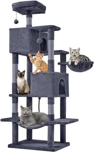 DUMOS Torre grande de árbol para gatos de 66 pulgadas, torre alta de escalada para gatos de varios niveles con postes rascadores de sisal natural,