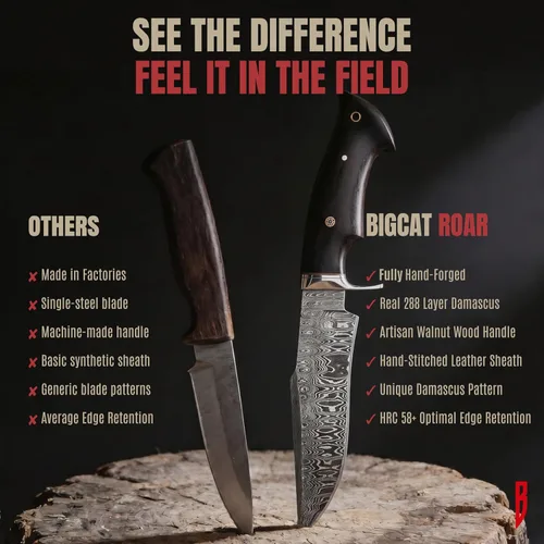 Miniatura 2 de BIGCAT ROAR Leopard Hunter - Cuchillo de caza hecho a mano de acero de Damasco de hoja fija de 12 pulgadas - Mango de madera de nogal y funda