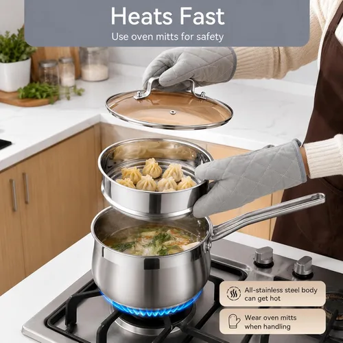 Miniatura 6 de Cacerola de acero inoxidable de 2.5 cuartos de galón con cesta de vapor y tapa de vidrio, olla de sopa pequeña de grado alimenticio de 18/8
