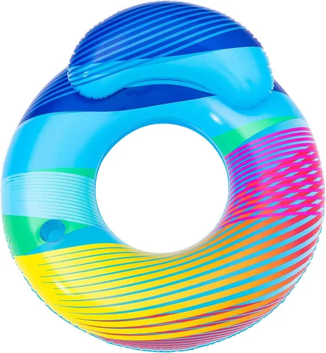 Bestway H2OGO! Anillo de natación inflable brillante LED de 46 pies con respaldo, flotador inflable para piscina incluye soporte para tazas, luces