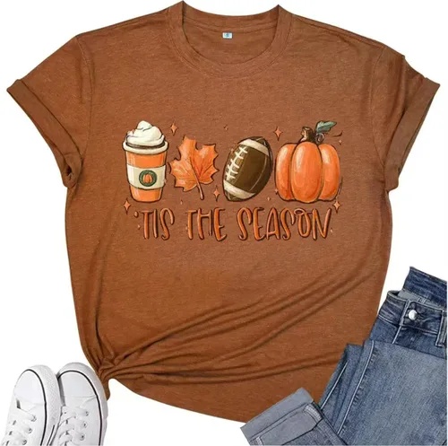 Miniatura 18 de Woffccrd - Camisetas divertidas con estampado de calabaza y leopardo para mujer, camisetas gráficas de manga corta de Halloween para mujer