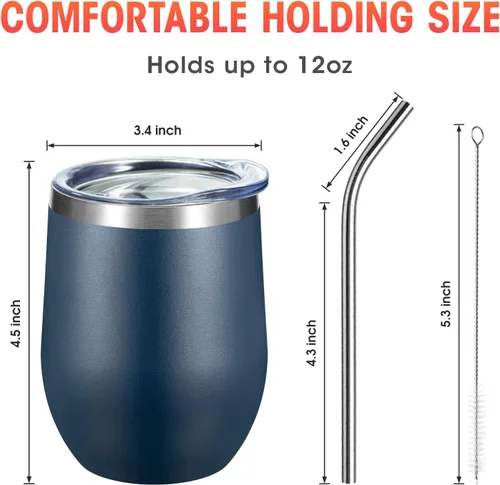 Miniatura 4 de COMOOO Vaso Térmico de Vino de Acero Inoxidable Paquete de 4 con Tapa y Pajita 12oz Doble Pared con Aislamiento al Vacío Vaso Térmico Copa para Azul