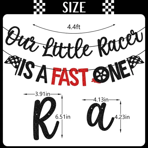 Miniatura 2 de Cartel de Our Little Racer Is A Fast One, decoraciones de cumpleaños de Fast One, decoraciones de primer cumpleaños de carreras para niño, purpurina