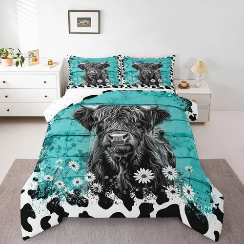 Miniatura 12 de Erosebridal Highland Cow - Juego de edredón tamaño matrimonial, juego de ropa de cama de toro de cuerno largo occidental para niños y adultos, Verde