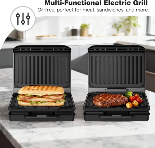 Miniatura 3 de KEINVE Parrilla eléctrica de 2 porciones y prensa Panini, revestimiento antiadherente resistente, bandeja de goteo atrapa grasa, color negro