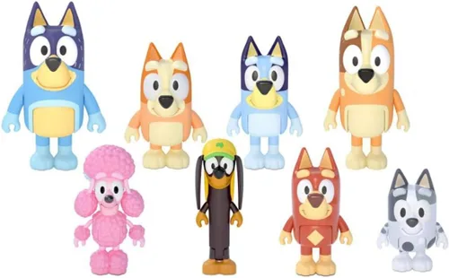 Bluey Family and Friends - Figura de 8 piezas: figuras de acción articuladas de 2.5 pulgadas; Bluey, Bingo, Bandido (papá), chile (mamá), coco,