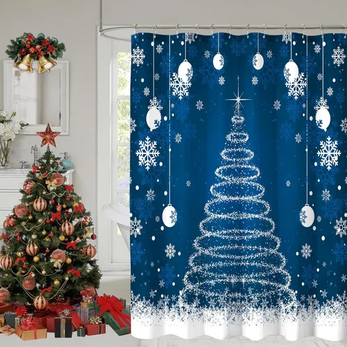 Miniatura 8 de Cortina de ducha de Navidad, cortinas de ducha azules con copos de nieve de Navidad para decoración de baño, cortina de ducha azul de vacaciones