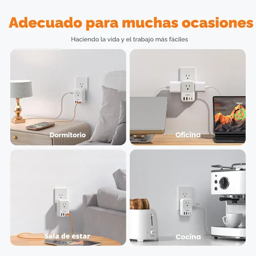 Miniatura 7 de TESSAN Bloque de cargador USB C de 20 W PD, adaptador de carga rápida con enchufe plegable, extensor de toma de corriente de 1875 W (4 CA y 4 USB)