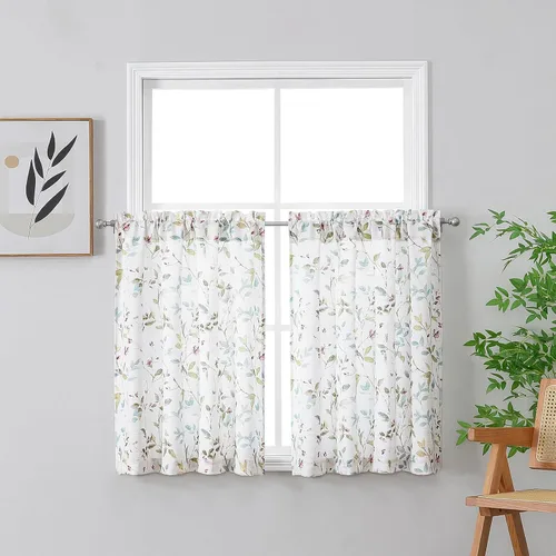 Miniatura 18 de Chyhomenyc Cortinas de mezcla de lino de 63 pulgadas de largo, 2 paneles de cortina con estampado floral filtrante de luz para sala de estar