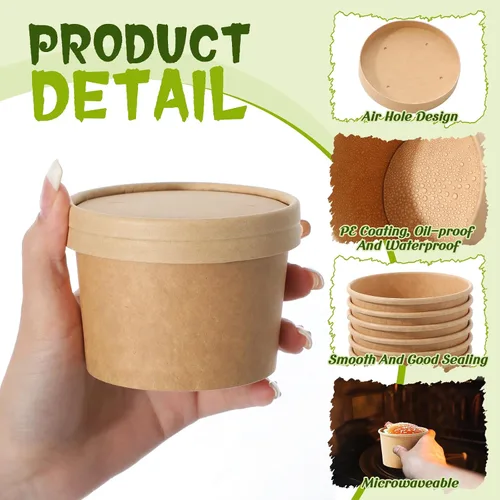 Miniatura 3 de Fulmoon Paquete de 100 recipientes de papel para sopa con tapas, recipientes de papel desechables para alimentos con tapa ventilada, tazas de postre