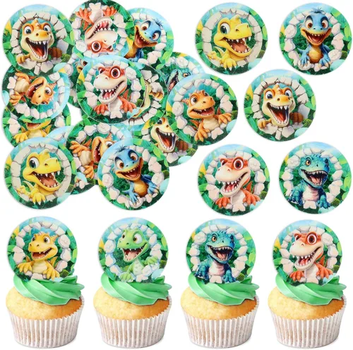 Miniatura 11 de Ercadio Paquete de 32 adornos para cupcakes de dinosaurios de dibujos animados, lindos dinosaurios para bebé, temática de dinosaurio, baby shower