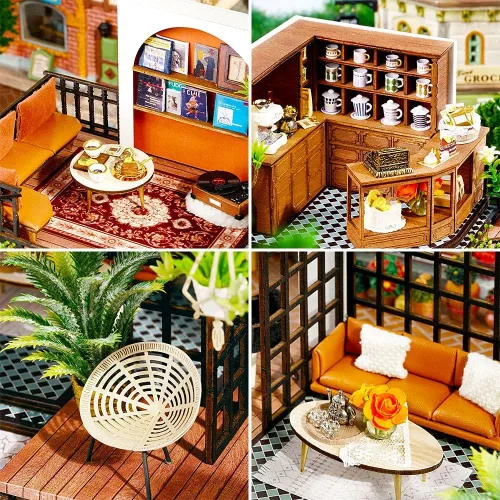 Miniatura 5 de Roroom Kit de casa de muñecas en miniatura y muebles, modelo de casa de muñecas de madera en 3D con cubierta a prueba de polvo y movimiento musical