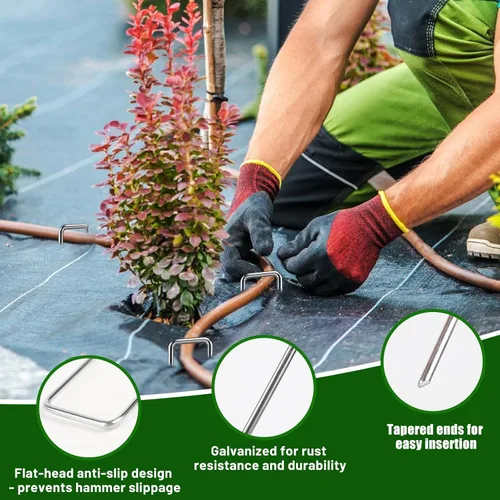 Miniatura 4 de Paquete de 52 grapas de paisaje de calibre 11, estacas de jardín galvanizadas resistentes de 6 pulgadas, estacas ajustables en forma de U a prueba