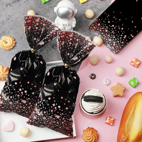 Miniatura 5 de 100 bolsas de celofán de color negro y oro rosa de 10.8 x 5 pulgadas, bolsas de plástico para fiestas, bolsas de dulces con 100 lazos dorados