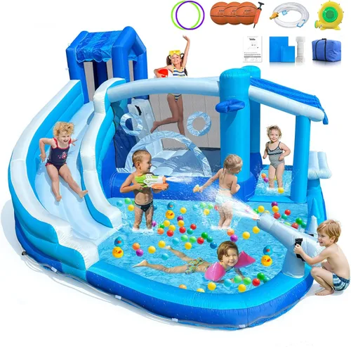 Miniatura 7 de Tobogán acuático inflable para niños, tobogán acuático de tela Oxford resistente con piscina y soplador de 550 W, combo de casa de rebote al aire