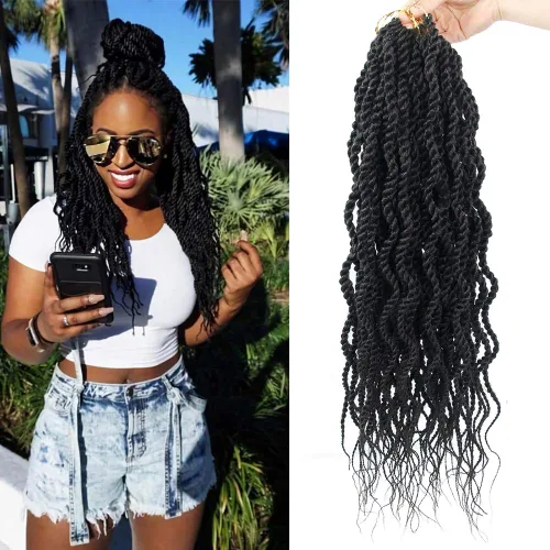 (paquete de 6 unidades) 18 pulgadas Trenzas senegalesas de pelo ondulado sintético Extensión de pelo Kanekalon rizado, 18, #1B