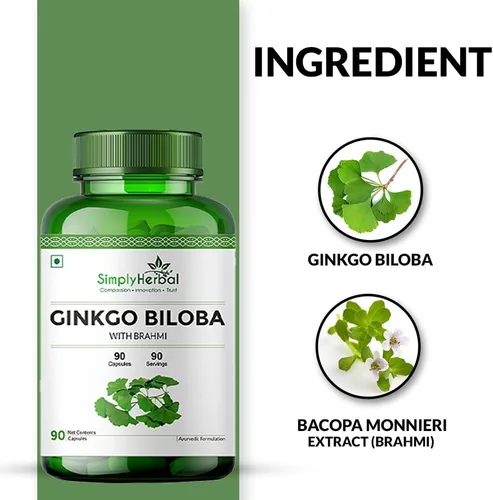 Miniatura 6 de Simply Herbal Ginkgo Biloba 120mg con extracto de Bacopa Monnieri Brahmi 380mg para una mejor concentración, mejora la circulación sanguínea, mejora