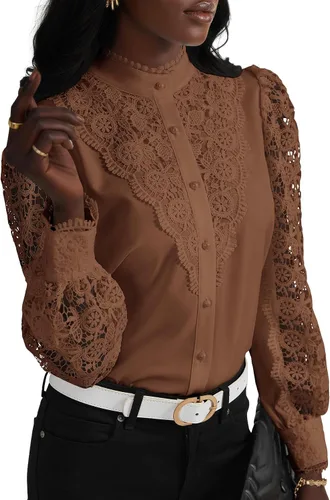 Miniatura 32 de Rooscier Blusa Elegante de Encaje de Crochet con Cuello Alto Simulado de Manga Larga con Botones para Mujer Top