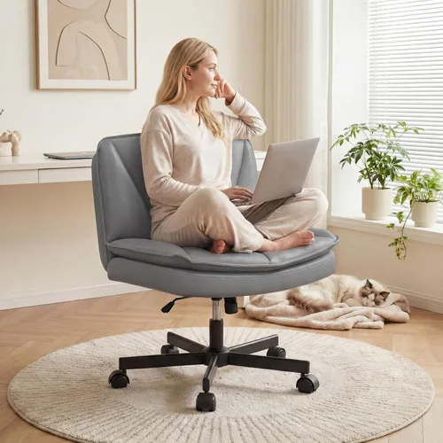 Miniatura 11 de DurayLoly Silla Criss Cross con Ruedas, Silla de Oficina con Patas Cruzadas con Cojín de 2 Capas, Asiento Ancho Cómodo, Cuero, Sin Brazos, Sillas