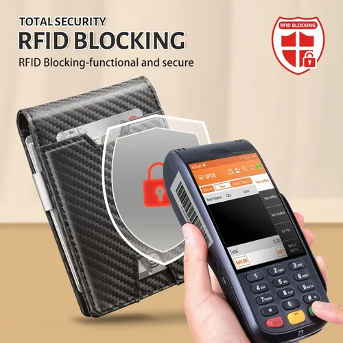 Miniatura 4 de GSOIAX Billetera delgada para hombre con bloqueo RFID, carteras plegables para hombres, minimalista, de piel auténtica, fibra de carbono, tarjetero