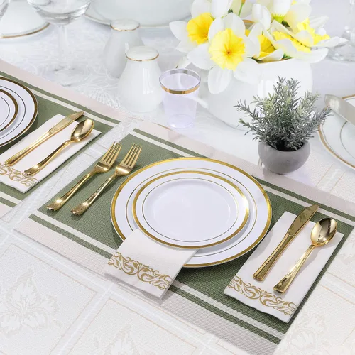 Miniatura 4 de FOCUSLINE Juego de vajilla dorada de 175 piezas para 25 invitados - Platos desechables de plástico blanco con borde dorado resistente, incluye 25