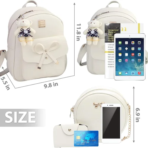 Miniatura 6 de K.E.J. Mini mochila de cuero Bowknot de 3 piezas, linda mochila pequeña para mujer, Beige, Mochilas Daypack