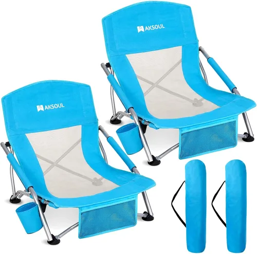 Miniatura 11 de AKSOUL Silla de playa plegable para adultos: sillas de respaldo bajo/alto con bolsa de transporte - Silla de asiento extra ancha con cómoda almohada