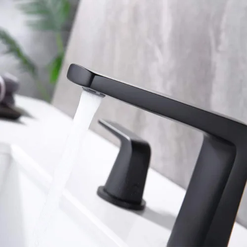 Miniatura 4 de Grifo de baño extendido de 8 pulgadas con 2 manijas, 3 orificios, con ensamblaje de desagüe emergente y líneas de suministro de agua (Negro)