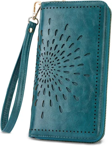 APHISON Billetera para mujer, gran capacidad, monedero, tarjetero, RFID, pulsera, teléfono, cremallera, moneda, bolsillo de viaje azul (02-Peacock